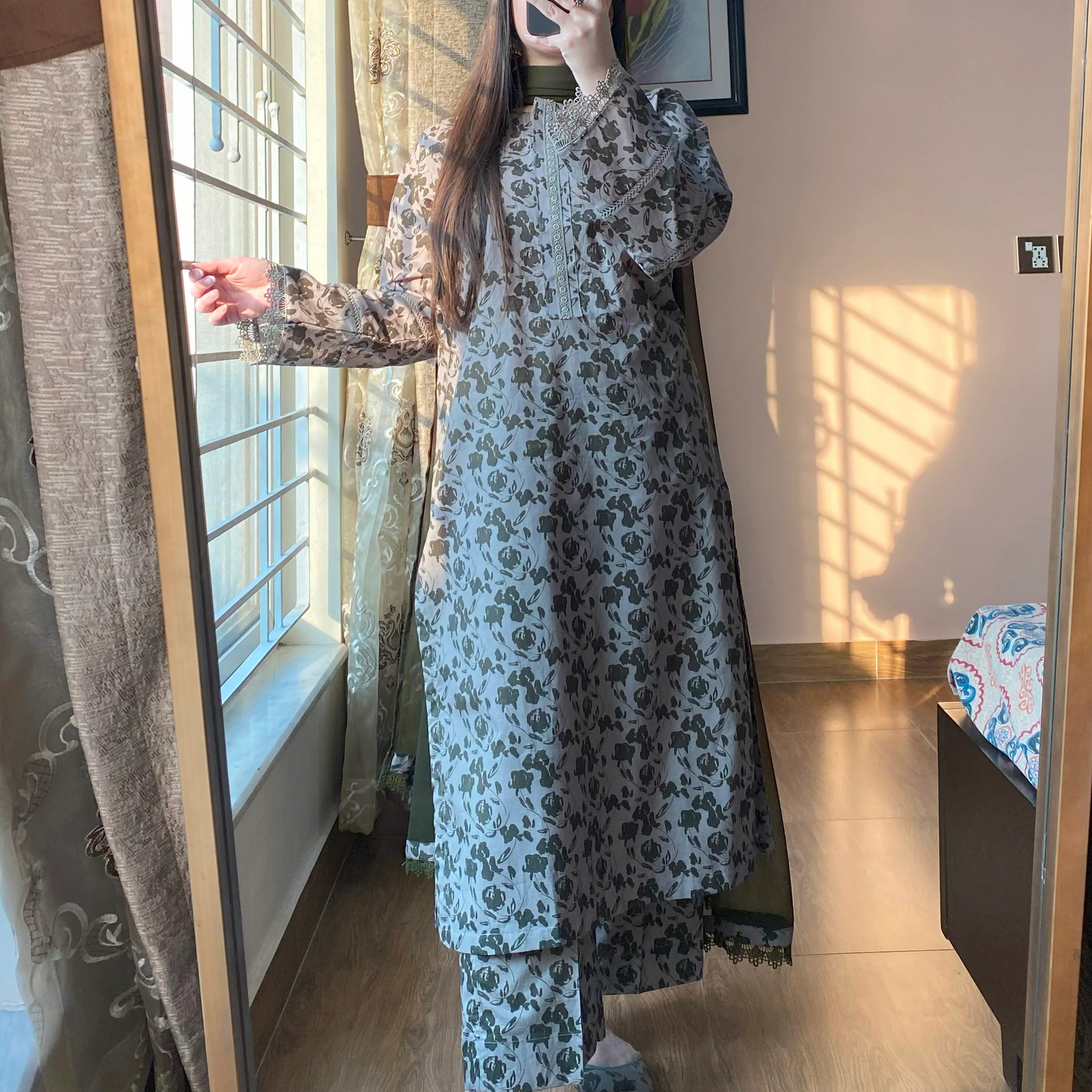 Premium Cambric Printed Neck Button Detailing Dress