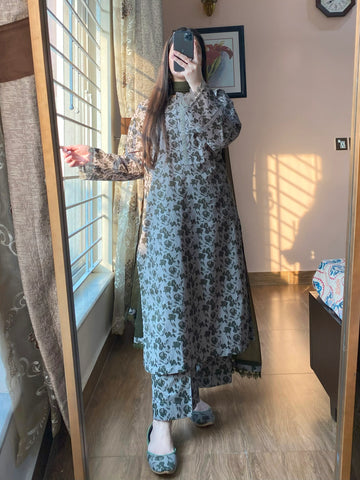 Premium Cambric Printed Neck Button Detailing Dress