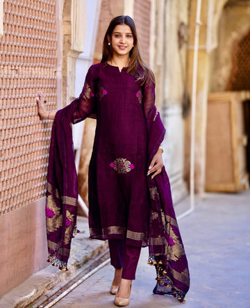 Wine Color Suit Set In Linen Jamdani
