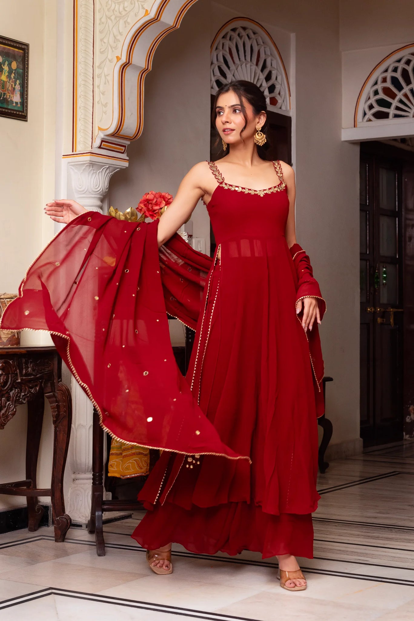 Red Suit Set With Embroidery Work