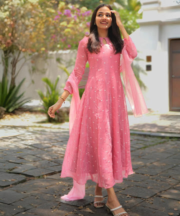 Beautiful Pink Tafeta Silk Kali Cut Maxi