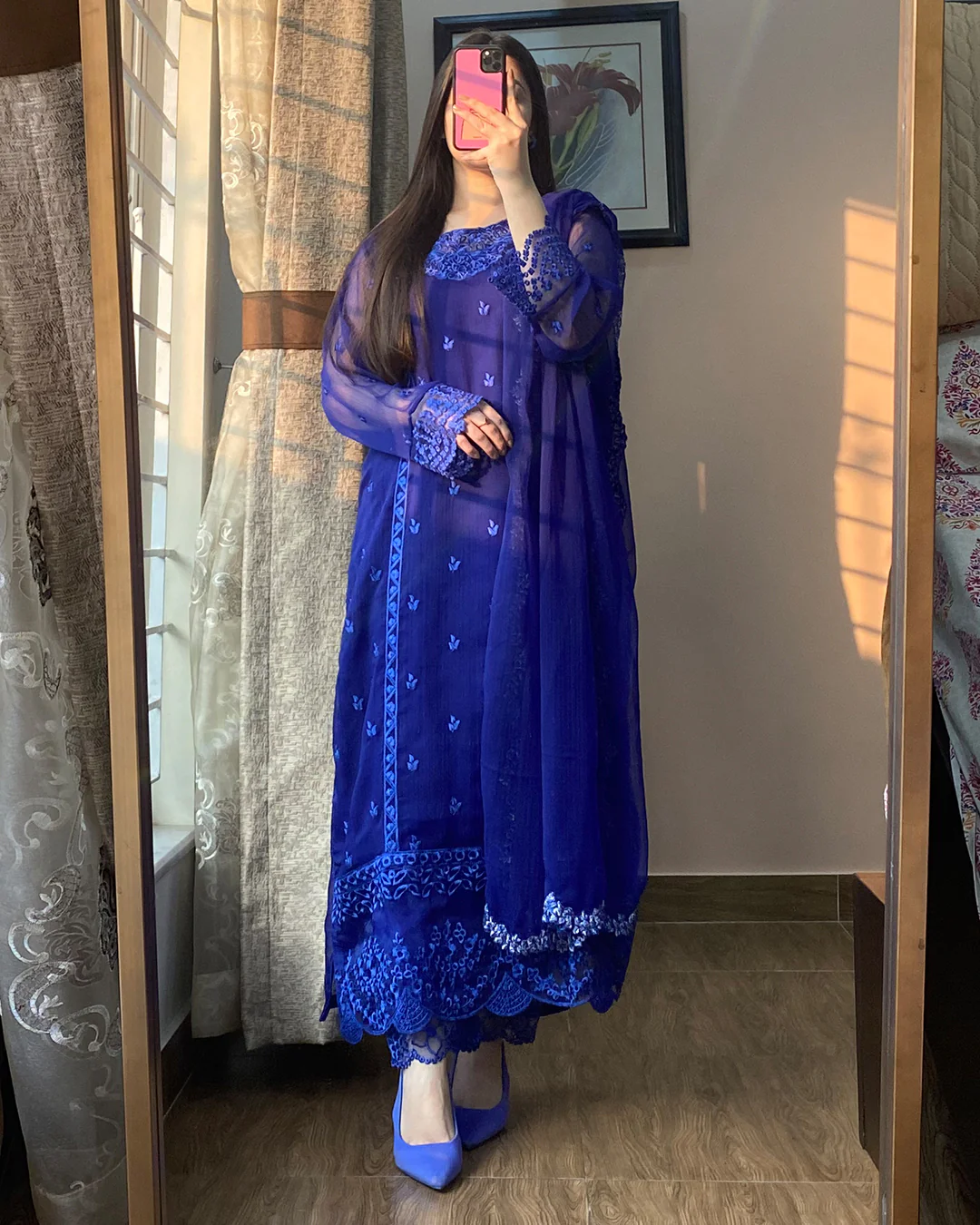Chiffon Embroidered Navy Delight Blue Suit