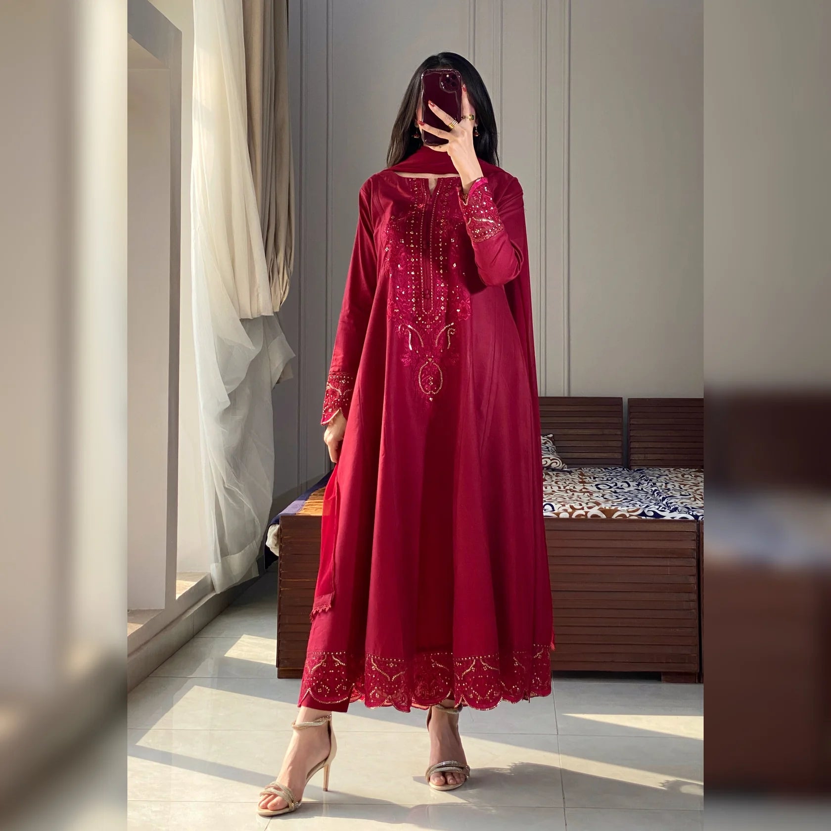 Scarlet Maroon Embroidered Frock Suit