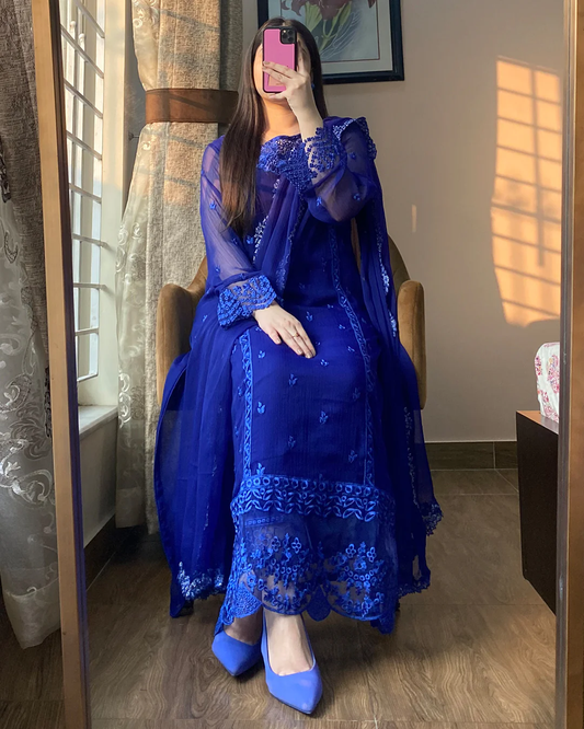 Chiffon Embroidered Navy Delight Blue Suit