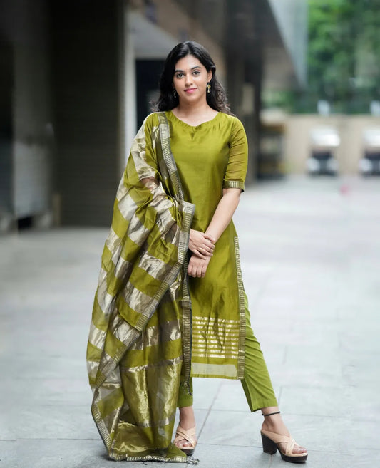 Parrot Green Linen Full Kurti Set