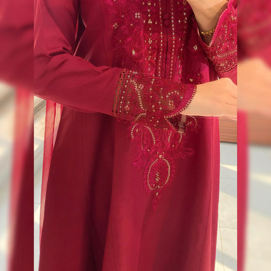 Scarlet Maroon Embroidered Frock Suit