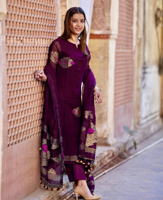Wine Color Suit Set In Linen Jamdani