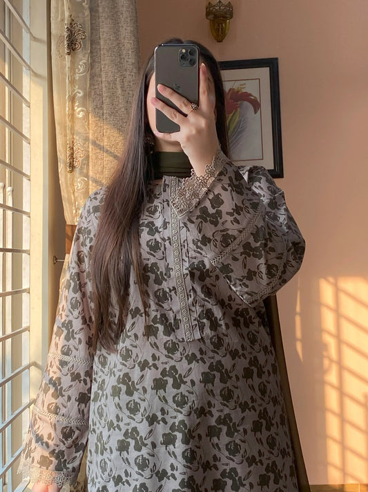Premium Cambric Printed Neck Button Detailing Dress